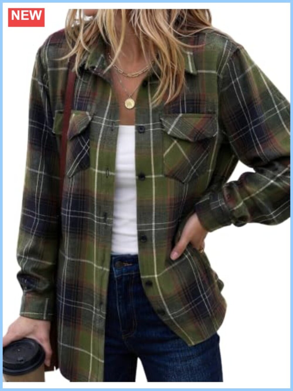 Oversized Plaid Flannel Button Down Shirt with Pockets, Long Sleeve Casual